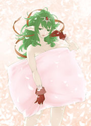 Rule 34 | 1girl, aged up, covering privates, feathers, fire emblem, fire emblem awakening, gloves, green eyes, green hair, hair ornament, highres, long hair, lying, matching hair/eyes, nintendo, nude, pillow, pink theme, pointy ears, ribbon, solo, tiki (adult) (fire emblem), tiki (fire emblem), tuqi pix