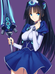 Rule 34 | 1girl, black hair, blue eyes, dress, fumiake manami, glowing, glowing weapon, hand on own chest, impossible clothes, junketsu duelion, long hair, looking at viewer, mecha musume, official art, purple background, simple background, skirt, smile, solo, weapon, yangsion