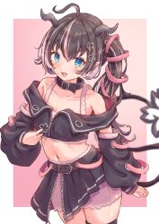 Rule 34 | 1girl, absurdres, ahoge, belt, belt collar, black belt, black hair, black jacket, black skirt, black sleeves, bloomers, blue eyes, blush, bra, collar, commentary request, cowboy shot, cropped jacket, demon girl, demon horns, demon tail, detached sleeves, earrings, fangs, flat chest, flower, grey horns, hair flower, hair ornament, hair ribbon, highres, horns, jacket, jewelry, long hair, looking at viewer, midriff, multicolored hair, nanashi inc., navel, off shoulder, oinomori may, oinomori may (1st costume), one side up, open clothes, open jacket, open mouth, pink bloomers, pink bra, pink hair, pink ribbon, pleated skirt, pointy ears, ribbon, shishishi, single earring, skin fangs, skirt, sleeveless, sleeveless jacket, smile, solo, sugar lyric, tail, two-tone hair, underwear, virtual youtuber, zipper