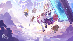 Rule 34 | 2girls, absurdres, apron, arch, black footwear, black shirt, black skirt, black sleeves, blonde hair, book, broom, bucket, chigalidepoi, cloud, cloudy sky, collared shirt, day, debris, detached sleeves, fairy, floating, flower, full body, genshin impact, green eyes, grey hair, hair flower, hair ornament, highres, holding, holding broom, knees together feet apart, layered skirt, long sleeves, looking at viewer, lumine (genshin impact), maid, maid headdress, miniskirt, multiple girls, noelle (genshin impact), open door, outdoors, platform footwear, pleated skirt, portal (object), red flower, red skirt, scenery, shirt, shoes, short hair, skirt, sky, thighhighs, water, watermark, white apron, white thighhighs, yellow eyes