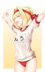Rule 34 | 1girl, arms up, blonde hair, braid, buruma, character name, closed eyes, commentary request, fate/grand order, fate (series), gradient background, gym shirt, gym uniform, hair bun, hair intakes, headband, highres, name tag, nenosame, nero claudius (fate), nero claudius (fate) (all), nero claudius (fate/extra), official alternate costume, open mouth, orange background, outside border, partial commentary, red buruma, red headband, shirt, short hair, short sleeves, single hair bun, smile, solo, standing, t-shirt, white shirt