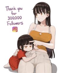 Rule 34 | 2girls, bare arms, bare shoulders, big sister (navigavi), black hair, breasts, camisole, cleavage, cleavage cutout, clothing cutout, commentary, dress, grey pants, grin, highres, jun (navigavi), large breasts, little sister (navigavi), long hair, midriff, milestone celebration, multiple girls, no shoes, original, pants, red dress, short sleeves, siblings, simple background, sisters, smile, socks, spaghetti strap, thank you, thighs, very long hair, white background, white socks, yellow eyes