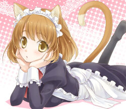 Rule 34 | 1girl, animal ears, apron, artist name, ass, blush, brown hair, cat ears, cat girl, cat tail, frilled apron, frills, hands on own cheeks, hands on own face, head rest, ibuki ena, juliet sleeves, long sleeves, looking at viewer, lying, maid, maid headdress, neck ribbon, no shoes, on stomach, original, pantyhose, parted lips, puffy sleeves, ribbon, sleeve cuffs, solo, tail, yellow eyes
