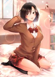 Rule 34 | 1girl, artist name, backlighting, bed, between legs, black hair, black socks, blush, bookshelf, bow, bowtie, breasts, brown cardigan, brown eyes, cardigan, dress shirt, hand between legs, hand up, highres, indoors, kneehighs, lens flare, lips, looking at viewer, no shoes, on bed, original, parted bangs, parted lips, pillow, plaid, plaid skirt, pleated skirt, red bow, red bowtie, red skirt, ruffling hair, school uniform, seiza, shirt, short hair, signature, sitting, skirt, smile, socks, solo, sunlight, takao sho, window