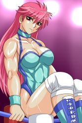 Rule 34 | 1girl, abs, boots, breasts, cleavage, knee pads, large breasts, leotard, long hair, mighty yukiko, muscular, pink hair, purple eyes, sitting, solo, sweat, taroimo (00120014), thighs, wrestle angels, wrestle angels survivor, wrestling outfit, wrestling ring