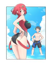 Rule 34 | 1boy, 1girl, :o, ass, black male swimwear, black swim trunks, blush, breasts, competition swimsuit, drawstring, from behind, highres, large breasts, looking back, male swimwear, mochimochi (xseynao), multicolored one-piece swimsuit, one-piece swimsuit, pyra (pro swimmer) (xenoblade), pyra (xenoblade), red eyes, red hair, rex (cloud sea shark) (xenoblade), rex (xenoblade), short hair, swept bangs, swim trunks, swimsuit, tiara, topless male, xenoblade chronicles (series), xenoblade chronicles 2
