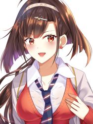 Rule 34 | 1girl, azur lane, bad id, bad pixiv id, blush, breasts, brown hair, cardigan, collared shirt, commentary request, earrings, hair ornament, hairband, hairclip, hand on own breast, highres, independence (azur lane), independence (transfer student from afar) (azur lane), jewelry, long hair, medium breasts, necktie, nonozaki, open mouth, ponytail, red cardigan, red eyes, shirt, smile, solo, star (symbol), star earrings, star hair ornament, sweater, upper body, white background