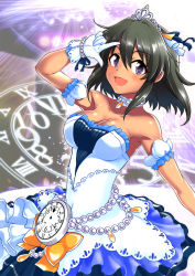 Rule 34 | 1girl, :d, arm garter, arm up, armpits, bare arms, bare shoulders, black hair, blush, bow, bracelet, breasts, choker, cleavage, clock, clock background, collarbone, crown, dark-skinned female, dark skin, dress, female focus, frilled dress, frills, gem, gloves, hair between eyes, hair ornament, highres, idolmaster, idolmaster cinderella girls, idolmaster cinderella girls starlight stage, index finger raised, jewelry, k2isu, large breasts, looking at viewer, multicolored clothes, multicolored dress, natalia (idolmaster), neck, necklace, open mouth, orange bow, pearl (gemstone), pearl bracelet, pearl necklace, pocket watch, purple eyes, short hair, smile, solo, starry sky bright, strapless, strapless dress, tiara, watch, white choker, white dress, white gloves