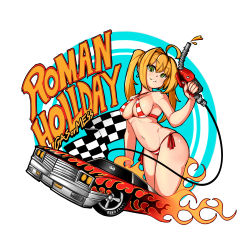 Rule 34 | 1girl, absurdres, ahoge, arched back, bikini, blonde hair, breasts, car, checkered flag, criss-cross halter, earrings, fate/grand order, fate (series), flag, gas pump, green eyes, hair intakes, halterneck, head tilt, highres, jewelry, long hair, looking at viewer, medium breasts, motor vehicle, navel, nero claudius (fate), nero claudius (fate) (all), nero claudius (swimsuit caster) (fate), parted lips, side-tie bikini bottom, solo, striped bikini, striped clothes, swimsuit, twintails, vehicle focus, zx (crespirit)