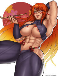 Rule 34 | 1girl, abs, areola slip, arm behind head, arm tattoo, artist name, bare arms, bare shoulders, biceps, black pants, body markings, breast tattoo, breasts, cheekie, cleavage, collarbone, covered erect nipples, cowboy shot, facepaint, female focus, fuuma kotarou (tenkaichi), gradient hair, hair between eyes, halterneck, highres, holding, holding smoking pipe, large breasts, long hair, looking at viewer, midriff, multicolored hair, muscular, muscular female, navel, pants, parted lips, red eyes, red hair, red nails, revealing clothes, rope belt, simple background, sitting, skin tight, sleeveless, smile, smoking pipe, solo, tattoo, teeth, tenkaichi nihon saikyou bugeisha ketteisen, toned, v-shaped eyebrows, very long hair