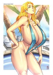 Rule 34 | 1girl, aarokira, artist name, bare shoulders, blonde hair, blue eyes, blue eyes (manga), blue one-piece swimsuit, breasts, bursting breasts, cecilia misono, cleavage, collarbone, covered erect nipples, curvy, female focus, fingernails, hand on own hip, highres, huge breasts, lips, lipstick, long hair, looking at viewer, makeup, nail polish, navel, one-piece swimsuit, outdoors, palm tree, signature, slingshot swimsuit, smile, solo, standing, swimsuit, thick thighs, thighs, tree, wide hips