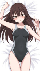 Rule 34 | 1girl, arm up, bare arms, bare shoulders, bed sheet, black one-piece swimsuit, blush, breasts, brown eyes, brown hair, closed mouth, collarbone, competition swimsuit, covered navel, gluteal fold, head tilt, highres, long hair, looking at viewer, lying, on back, one-piece swimsuit, original, small breasts, smile, solo, swimsuit, takasuma hiro, thigh gap, very long hair