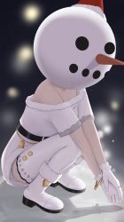 Rule 34 | 1girl, absurdres, bell, boots, bracelet, dress, from side, full body, gloves, hat, highres, hololive, jewelry, natsuiro matsuri, off shoulder, ring, santa hat, short sleeves, snowman costume, solo, squatting, thighhighs, thighhighs under boots, thomas 8000, v arms, virtual youtuber, white dress, white footwear, white gloves, white thighhighs