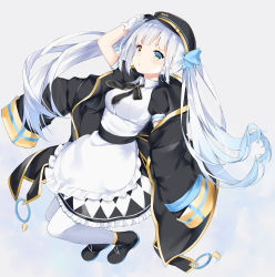 Rule 34 | 1girl, :o, absurdres, apron, arm up, black dress, black footwear, black hat, black jacket, black ribbon, blue bow, blue eyes, blush, boots, bow, breasts, brown eyes, collared dress, commentary request, dress, eyebrows hidden by hair, frilled apron, frills, full body, fuyuki030, gloves, grey background, hair bow, hat, heterochromia, highres, jacket, kagura gumi, kagura mea, long hair, long sleeves, medium breasts, neck ribbon, pantyhose, parted lips, peaked cap, puffy short sleeves, puffy sleeves, ribbon, short sleeves, silver hair, simple background, sleeves past fingers, sleeves past wrists, solo, twintails, very long hair, virtual youtuber, white apron, white gloves, white pantyhose, wide sleeves