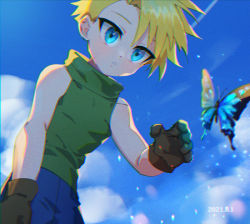 Rule 34 | 1boy, a-uto, animal, blonde hair, blue butterfly, blue eyes, blue pants, blue sky, brown gloves, bug, butterfly, cloud, commentary, dated, day, digimon, digimon adventure, gloves, green shirt, insect, ishida yamato, lens flare, light rays, looking at another, looking down, male focus, outdoors, pants, shirt, short hair, sky, sleeveless, sleeveless shirt, solo, sunbeam, sunlight, turtleneck