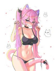 Rule 34 | 1girl, animal ear fluff, animal ears, bare arms, bikini, black bikini, black bow, black choker, black nails, black ribbon, black tank top, blush, bow, breasts, cat ears, cat girl, cat tail, choker, chromatic aberration, cleavage, closed mouth, collarbone, commentary, fingernails, ghost, ghost ornament, hair between eyes, hair ribbon, heart, highres, holding, holding hair, holding own hair, large breasts, long bangs, long fingernails, long hair, looking at viewer, nail polish, navel, nyatasha nyanners, pink hair, pink tail, purple eyes, ribbon, s7nsles, simple background, smile, solo, stomach, swimsuit, tail, tail bow, tail ornament, tail ribbon, tank top, thighs, tongue, tongue out, twintails, virtual youtuber, vshojo, white background