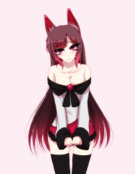 Rule 34 | 1girl, adapted costume, animal ears, asa inu, bad id, bad pixiv id, bare shoulders, black thighhighs, blush, breasts, brooch, brown hair, cleavage, collarbone, cowboy shot, dress, imaizumi kagerou, jewelry, long hair, looking at viewer, miniskirt, pink background, red eyes, simple background, skirt, solo, thighhighs, touhou, very long hair, wolf ears