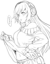Rule 34 | 1girl, breasts, character request, hand on own hip, headphones, hirowa nagi, japanese text, large breasts, lifting own clothes, long hair, looking at viewer, monochrome, navel, pants, smile, solo, sweater, tongue, tongue out, translation request