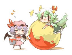 Rule 34 | 2girls, bad id, bad twitter id, bat wings, blush, chibi, eating, ex-keine, closed eyes, full moon, green hair, hat, horn ornament, horn ribbon, horns, hug, kamishirasawa keine, long hair, moon, multiple girls, musical note, paint, paint can, paintbrush, painting (action), purple hair, rebecca (keinelove), remilia scarlet, ribbon, short hair, smile, solid oval eyes, tail, tongue, tongue out, touhou, wings