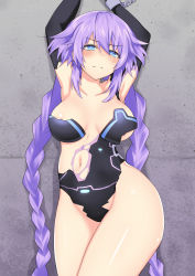 Rule 34 | 1girl, areola slip, armpits, arms up, black gloves, black leotard, blue eyes, blush, bound, bound arms, braid, breasts, chain, chained, chained wrists, choujigen game neptune, choujigen game neptune mk2, commentary request, compile heart, cowboy shot, elbow gloves, embarrassed, frown, gloves, groin, hair between eyes, highres, hip focus, idea factory, katade, large breasts, leotard, long hair, looking at viewer, looking down, medium breasts, midriff, navel, neptune (series), paid reward available, power symbol, power symbol-shaped pupils, purple hair, purple heart (neptunia), restrained, solo, symbol-shaped pupils, thighs, torn clothes, torn gloves, torn leotard, twin braids, twintails, underboob, very long hair