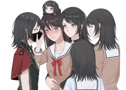 5girls bang_dream! bang_dream!_it&#039;s_mygo!!!!! bite_mark bite_mark_on_neck black_choker black_hair black_mask black_shirt blue_eyes blue_shirt blush brown_dress brown_hair capelet choker closed_mouth commentary covering_another&#039;s_mouth dress earclip earrings expressionless hanasakigawa_school_uniform hickey highres hug hug_from_behind jewelry johndoge_123 long_hair mask mole mole_under_eye mouth_mask multiple_girls multiple_persona neck_ribbon nesoberi o-ring o-ring_choker parted_lips purple_eyes red_capelet red_ribbon ribbon sailor_collar school_uniform see-through_clothes see-through_sleeves shiina_taki shirt simple_background summer_uniform timoris_(bang_dream!) white_background white_sailor_collar winter_uniform yahata_umiri yuri