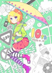 Rule 34 | 1girl, balloon, bandaid, blonde hair, bottle, bow, cellphone, earphones, expressionless, flower, full body, green hoodie, hair bow, hair ornament, hairband, hairclip, highres, holding, holding umbrella, hood, hoodie, kagamine rin, leg up, looking at viewer, melancholic (vocaloid), melancholy (module), miniskirt, paper, pen, phone, pink footwear, red skirt, road sign, shoes, sign, skirt, smiley face, sneakers, solo, stop sign, striped clothes, striped thighhighs, thighhighs, tounoki po, umbrella, vocaloid, white bow