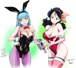 Rule 34 | 2015, 2girls, animal ears, areola slip, bad id, bad pixiv id, bare arms, bare shoulders, between breasts, black eyes, black hair, black leotard, blue hair, blush, bow, bowtie, breasts, breasts squeezed together, bulma, chestnut mouth, cleavage, collarbone, convenient censoring, covered navel, cowboy shot, curly hair, curvy, dated, detached collar, detached sleeves, dragon ball, dragon ball (classic), fake animal ears, female focus, finger on trigger, frilled legwear, frills, green eyes, grin, gun, hair between eyes, hair bow, hairband, head tilt, hip focus, holding, holding gun, holding weapon, kon-kit, large breasts, leotard, lighter, long hair, looking at viewer, lunch (dragon ball), lunch (good) (dragon ball), multiple girls, nail polish, no bra, pantyhose, pink nails, playboy bunny, purple legwear, rabbit ears, rabbit tail, red leotard, smile, smoke, smoke censor, standing, straight hair, strap gap, strap slip, strapless, strapless leotard, surprised, swept bangs, tail, thighhighs, thighs, weapon, wrist cuffs