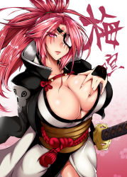 Rule 34 | 1girl, amputee, arc system works, baiken, blush, grabbing another&#039;s breast, breasts, cleavage, deep skin, eyepatch, facial mark, grabbing, guilty gear, guilty gear xrd, guilty gear xrd: revelator, huge breasts, japanese clothes, kimono, long hair, looking at viewer, open mouth, parted lips, pink hair, ponytail, purple eyes, scar, sheath, sheathed, shiny skin, shiriya, smile, solo, sword, translation request, very long hair, weapon