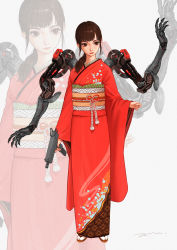 Rule 34 | 1girl, absurdres, brown eyes, brown hair, closed mouth, devil lo, extra arms, floral print, gun, highres, holding, holding gun, holding weapon, japanese clothes, kimono, long hair, mecha musume, mechanical arms, original, red kimono, red lips, signature, single mechanical arm, solo, standing, weapon