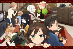 Rule 34 | 2boys, 6+girls, black hair, blonde hair, blue eyes, blush, bow, bowl, brown eyes, brown hair, chopsticks, clenched teeth, double bun, eating, closed eyes, food, fourth wall, green eyes, hair bow, hand puppet, highres, japanese clothes, kiya machi, kotatsu, leggings, long hair, looking at viewer, looking back, mochi, mother and daughter, multiple boys, multiple girls, open mouth, original, out of frame, pink hair, puppet, short hair, shorts, side ponytail, silver hair, sitting, sitting on person, smile, stuffed toy, sweatdrop, table, teeth, tongue, tongue out, wagashi