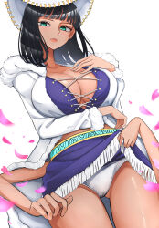 Rule 34 | 1girl, absurdres, black hair, blunt bangs, breasts, cleavage, clothes lift, cowboy hat, cross-laced clothes, extra arms, fur collar, fur trim, green eyes, hana hana no mi, hat, highres, large breasts, long hair, miniskirt, nico robin, nico robin (alabasta), one piece, petals, skirt, skirt lift, solo