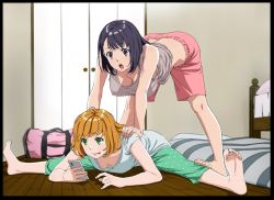 Rule 34 | 2girls, :q, absurdres, all fours, assisted stretching, bag, bare shoulders, barefoot, bed, bedroom, bent over, black border, blonde hair, border, breasts, cellphone, cleavage, clothes lift, covered erect nipples, downblouse, feet, full body, futon, green eyes, hands on another&#039;s shoulders, hanging breasts, highres, holding, holding phone, indoors, jijo (kakitama), kakitama, large breasts, looking at another, looking at phone, matching hair/eyes, medium breasts, medium hair, mole, mole on breast, multiple girls, nail polish, no bra, on floor, open mouth, original, outside border, pajamas, patsukin (kakitama), phone, pillow, pink nails, pink shorts, purple eyes, purple hair, shadow, shirt, shirt lift, short hair, shorts, sleepover, smartphone, smile, split, spread legs, standing, stretching, t-shirt, tank top, tongue, tongue out, wooden floor