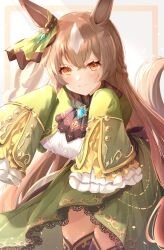 Rule 34 | 1girl, absurdres, animal ears, blush, bow, breasts, brown eyes, brown hair, cowboy shot, dress, ear ribbon, frilled sleeves, frills, green dress, hair between eyes, highres, horse ears, horse girl, horse tail, large breasts, long hair, long sleeves, looking at viewer, parted lips, satono diamond (umamusume), sky cappuccino, sleeves past fingers, sleeves past wrists, smile, solo, standing, tail, thighhighs, umamusume, very long hair