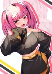 Rule 34 | 1girl, :d, belt, belt buckle, black skirt, buckle, collarbone, commentary request, creatures (company), fang, game freak, hair ornament, hand on own hip, hand up, highres, long sleeves, looking at viewer, mentaikopan, mesugaki, nintendo, off shoulder, open mouth, pink hair, pokemon, pokemon (anime), pokemon horizons, coral (pokemon), skirt, sleeves past fingers, sleeves past wrists, smile, solo, tongue, twintails, yellow belt, zoom layer