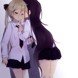 Rule 34 | 2girls, against wall, black hair, blonde hair, blush, bow, goshiki agiri, hair bow, hair ornament, hand on another&#039;s cheek, hand on another&#039;s face, highres, hiyo kotori, kill me baby, long hair, looking at viewer, multiple girls, necktie, necktie grab, neckwear grab, parted lips, purple eyes, school uniform, simple background, skirt, sonya (kill me baby), standing, twintails, yuri
