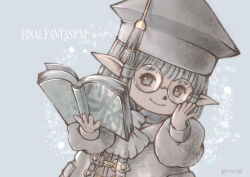 Rule 34 | 1girl, adjusting eyewear, adventurer (ff11), artist name, ascot, book, closed mouth, copyright name, final fantasy, final fantasy xi, hair tubes, hat, holding, holding book, jacket, long sleeves, mortarboard, open book, piyoco, pointy ears, puffy long sleeves, puffy sleeves, round eyewear, scholar (final fantasy), short hair, smile, solo, tarutaru, tassel