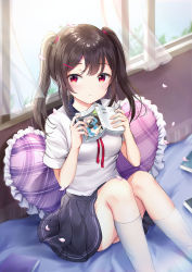 Rule 34 | 1girl, bad id, bad pixiv id, black skirt, blush, book, brown hair, cherry blossoms, curtains, day, frilled pillow, frills, frown, hair ornament, hairclip, heart, heart-shaped pillow, highres, holding, holding book, indoors, kneehighs, looking at viewer, looking to the side, luzzi (milllim), novel (object), on bed, open window, original, petals, pillow, plaid, pleated skirt, red eyes, red ribbon, ribbon, shirt, sidelocks, sitting, skirt, sleeves rolled up, socks, solo, thighs, twintails, uniform, white shirt, white socks, wind, window