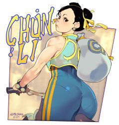 Rule 34 | 1girl, absurdres, ass, bag, bicycle, black hair, blue bodysuit, bodysuit, capcom, character name, chun-li, commentary, deltoids, double bun, duffel bag, earrings, english commentary, hair bun, highres, holding, holding bag, jewelry, looking back, norasuko, pantylines, short hair, solo, sphere earrings, street fighter, street fighter zero (series), striped clothes, studded bracelet, toned, vertical-striped clothes, vest, white vest, wide hips