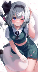 Rule 34 | 1girl, absurdres, bare legs, blue eyes, breasts, closed mouth, from above, green skirt, green vest, grey hair, hair ribbon, hairband, hand up, highres, konpaku youmu, konpaku youmu (ghost), light smile, looking at viewer, medium breasts, midriff, navel, one eye closed, petals, pleated skirt, puffy short sleeves, puffy sleeves, ramyun sari, ribbon, short sleeves, simple background, sitting, skirt, skirt set, solo, sword, touhou, upturned eyes, vest, wariza, weapon, white background