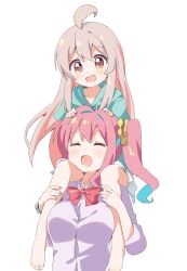 Rule 34 | 2girls, :d, ^ ^, ahoge, aqua hoodie, bare legs, barefoot, blue hair, bow, bowtie, breasts, brown eyes, carrying, closed eyes, commentary, drawstring, grey hair, hair between eyes, hair ornament, hair scrunchie, hands on another&#039;s head, haru (konomi 150), highres, hood, hood down, hoodie, hozuki kaede, jewelry, large breasts, light blush, long hair, multicolored hair, multiple girls, onii-chan wa oshimai!, open mouth, oyama mahiro, pendant, pink hair, red bow, red bowtie, scrunchie, shirt, shoulder carry, side ponytail, simple background, smile, two-tone hair, white background, white shirt, yellow scrunchie