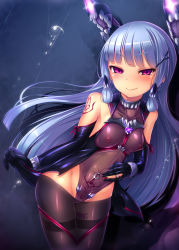 Rule 34 | 10s, 1girl, abyssal ship, alternate eye color, barcode, bare shoulders, black pantyhose, blunt bangs, blush, breasts, bubble, corruption, covered erect nipples, dark persona, earrings, elbow gloves, gloves, glowing, hair ornament, headgear, highres, jewelry, kantai collection, long hair, looking at viewer, murakumo (kancolle), navel piercing, pantyhose, piercing, pubic tattoo, purple eyes, ring, satou kuuki, small breasts, smile, solo, tattoo, thighband pantyhose