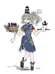 Rule 34 | 1girl, blue dress, boat, boots, china dress, chinese clothes, dress, eyebrows, floating hair, full body, ghost tail, hat, hikimayu, holding, kitayuki kajika, knees together feet apart, long hair, looking at viewer, mononobe no futo, open mouth, plate, ponytail, purple eyes, short sleeves, silver hair, simple background, sketch, solo, tate eboshi, thick eyebrows, touhou, tray, watercraft, white background, wind