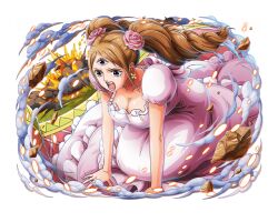 Rule 34 | 1girl, breasts, brown eyes, brown hair, charlotte pudding, cleavage, collarbone, commentary, crying, crying with eyes open, dress, earrings, english commentary, flower, hair flower, hair ornament, jewelry, large breasts, long hair, official art, one piece, one piece treasure cruise, open mouth, pink dress, pink flower, pink lips, rabiyan (one piece), short sleeves, tears, third eye, twintails