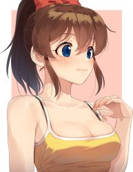 Rule 34 | 1girl, :s, bare arms, bare shoulders, blue eyes, blush, border, bow, bra strap, breasts, brown hair, camisole, cleavage, closed mouth, collarbone, commentary request, hair bow, idolmaster, idolmaster million live!, kamille (vcx68), long hair, looking away, looking down, medium breasts, nail polish, outside border, pink background, pink nails, ponytail, red bow, satake minako, sidelocks, simple background, solo, upper body, white border