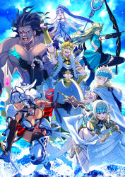 Rule 34 | 4boys, 4girls, abs, abs cutout, absurdres, ahoge, animal ears, arm up, armlet, armor, armpits, asclepius (fate), asymmetrical gloves, atalanta (fate), backless outfit, bare shoulders, bikini, black bikini, black gloves, black hair, black jacket, black sclera, black shirt, blonde hair, blue eyes, blue gloves, bodice, body markings, boots, bow (weapon), bracelet, bracer, braid, breasts, brother and sister, butt crack, caenis (fate), castor (fate), cat ears, cat tail, cleavage, closed mouth, collar, colored sclera, crown, dark-skinned male, dark skin, detached sleeves, diadem, doctor, dress, dynamic pose, earrings, fang, fate/apocrypha, fate/grand order, fate (series), fighting stance, fingerless gloves, floating, full body, gauntlets, gloves, glowing, gradient hair, green eyes, green hair, grin, hair between eyes, hair intakes, hair ornament, hairband, hand on own hip, heracles (fate), heterochromia, highres, holding, hood, hood up, hooded jacket, jacket, jason (fate), jewelry, lance, large breasts, leg armor, light, long hair, long sleeves, looking at viewer, looking back, looking to the side, magical girl, mask, medea (lily) (fate), medium hair, meiji ken, metal collar, mismatched gloves, multicolored hair, multiple boys, multiple girls, muscular, necklace, open hands, open mouth, pauldrons, pectorals, pointing, pointing up, pointy ears, polearm, pollux (fate), ponytail, red eyes, revealing clothes, robe, sandals, shadow, shield, shirt, short hair, shoulder armor, siblings, skirt, sky, small breasts, smile, star (sky), strapless, strapless dress, swimsuit, sword, tail, tattoo, teeth, thigh boots, thighhighs, twins, two-tone hair, upper body, vambraces, very long hair, weapon, white hair, white robe