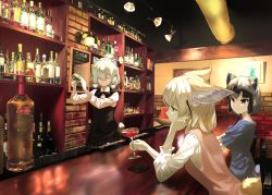 Rule 34 | 3girls, adapted costume, aino-san (miximixi39), alcohol, alpaca ears, alpaca suri (kemono friends), alpaca tail, alternate costume, animal ear fluff, animal ears, arm support, bad id, bad pixiv id, bar (place), bartender, black hair, blonde hair, blouse, blue shirt, bottle, chair, closed eyes, closed mouth, cocktail shaker, common raccoon (kemono friends), contemporary, cup, drinking glass, extra ears, fennec (kemono friends), fox ears, fox tail, frilled sleeves, frills, grey hair, hair bun, hair over one eye, hand on own cheek, hand on own face, head rest, highres, holding, holding cup, indoors, kemono friends, light, liquor, long sleeves, looking at another, medium hair, multicolored hair, multiple girls, pink shirt, pink sweater, platinum blonde hair, raccoon ears, raccoon tail, red eyes, shirt, short hair, short sleeves, sidelocks, single hair bun, sitting, smile, standing, sweater, sweater vest, tail, two-tone hair, upper body, vest, wine glass, yellow eyes