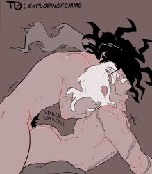 Rule 34 | anal, arched back, black hair, boku no hero academia, hands around neck, highres, male focus, male penetrated, nude, scar, sex, sex from behind, shigaraki tomura, stain (boku no hero academia), white hair