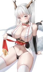 Rule 34 | 1girl, absurdres, arm support, arm warmers, azur lane, bare shoulders, black panties, breasts, center opening, cien (shikanokuni), cleavage, clothes lift, dragon girl, dragon horns, dragon tail, hair on horn, highres, horns, large breasts, lifted by self, long hair, looking at viewer, midriff, navel, panties, pelvic curtain, pelvic curtain lift, red eyes, revealing clothes, ribbon trim, shimanto (azur lane), sitting, tail, underwear, white tail