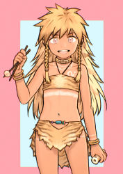 Rule 34 | 1girl, :d, animal print, bandeau, bare shoulders, blonde hair, bracelet, braid, chopsticks, collar, collarbone, commentary request, cowboy shot, dark-skinned female, dark skin, fang, flat chest, highres, jewelry, long hair, looking at viewer, navel, open mouth, original, pink eyes, print bandeau, print skirt, rustle, simple background, skirt, smile, solo, stomach, tiger print, tribal, twin braids