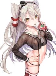 Rule 34 | 10s, 1girl, amatsukaze (kancolle), ass, black panties, blonde hair, breasts, commentary request, contrapposto, crop top, cup, drinking, drinking straw, from above, garter straps, grey neckerchief, hair between eyes, hair tubes, hand on own hip, headgear, highres, kantai collection, lifebuoy, long hair, looking at viewer, looking back, nail polish, navel, neckerchief, nekometaru, nipples, no pants, panties, red nails, see-through, sidelocks, small breasts, solo, standing, starbucks, swim ring, thighhighs, translucent, twintails, two side up, underwear, white background, yellow eyes